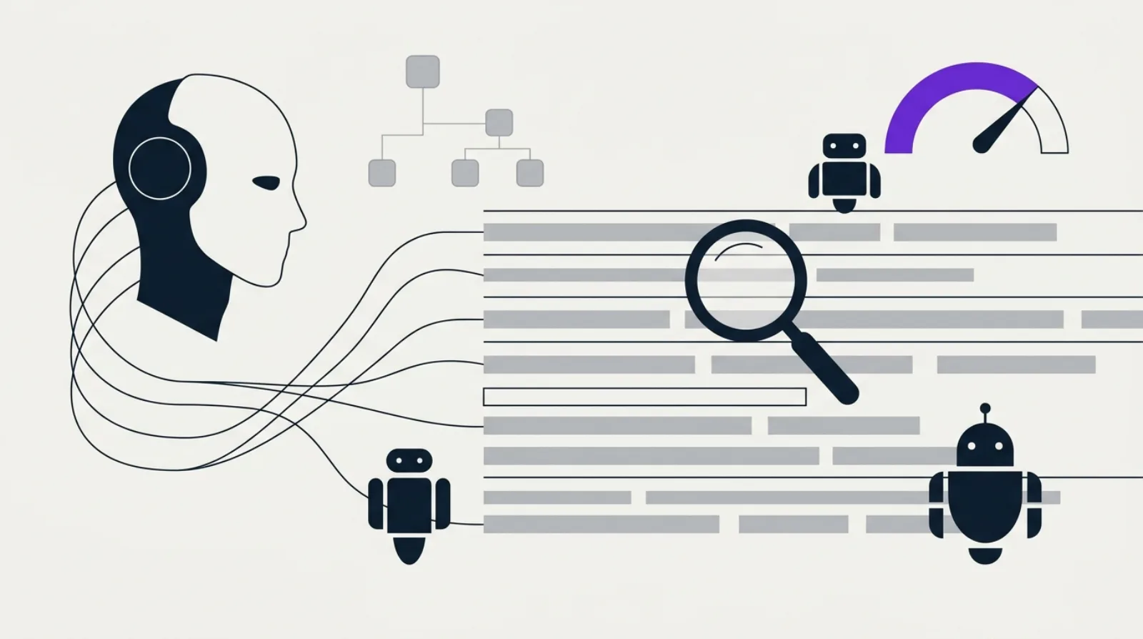 Minimalist editorial illustration of data streams and connected nodes representing server log analysis and crawling by SEO and AI bots