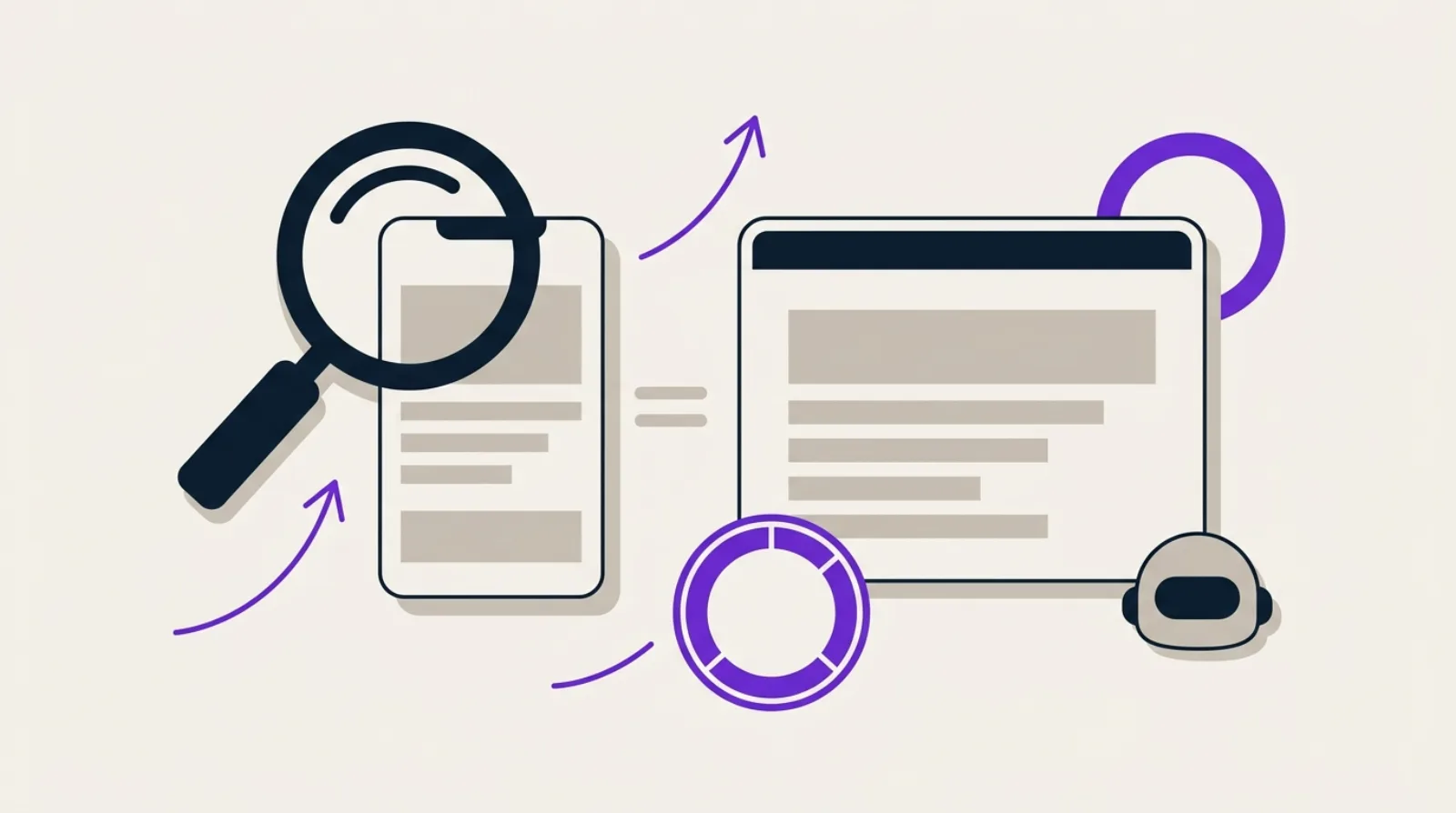 Abstract illustration of a magnifying glass examining a stylized smartphone screen next to a larger screen, scoring gauges and arrows, on a light beige background, flat design style.