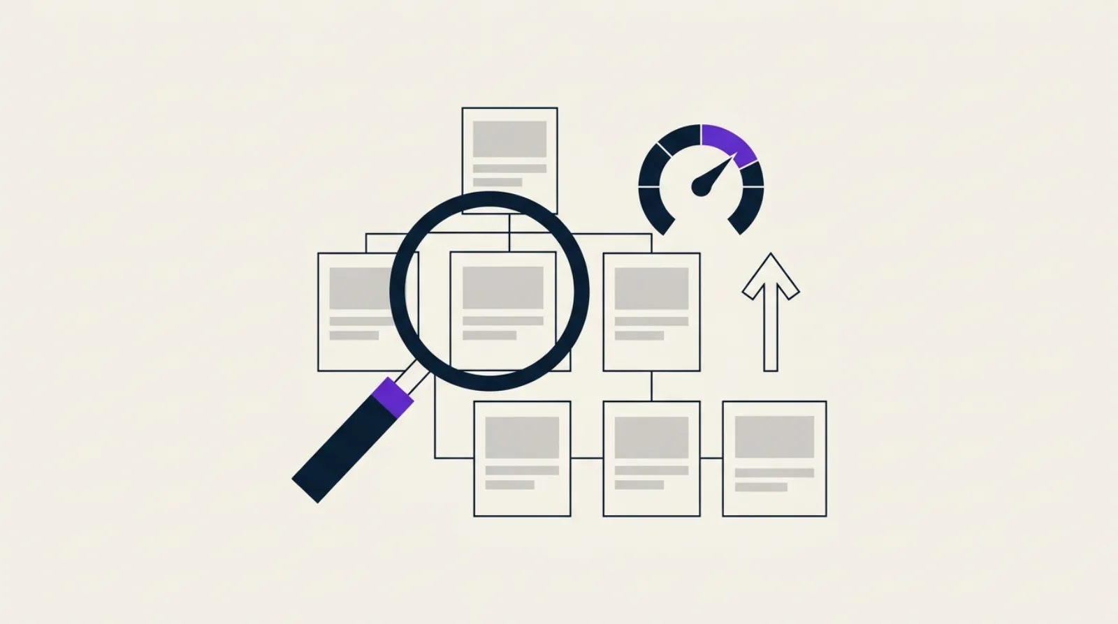 Illustration abstraite : loupe sur une grille de blocs vides reliés, anneau de score et flèche ascendante violette, fond beige clair, style flat design.