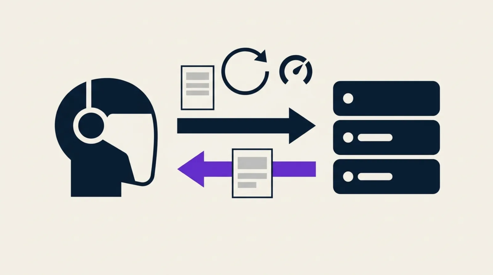 Illustration flat design d'un robot d'exploration et d'un serveur qui échangent une réponse légère violette, symbole du cache HTTP et du code 304.