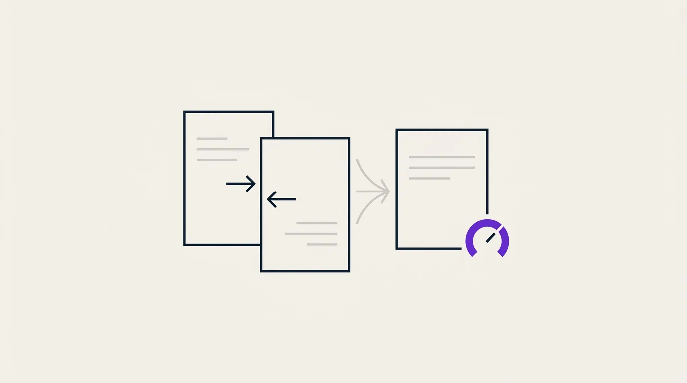 Abstract illustration: two identical pages collide then merge into one reinforced page with a score gauge, symbolizing SEO/GEO keyword cannibalization