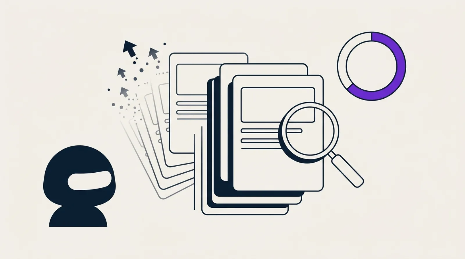 Illustration abstraite : silhouette de documents empilés dont certains contours s'estompent en flèches ascendantes, loupe et anneau de score, fond beige clair, style flat design monochrome avec accent violet.