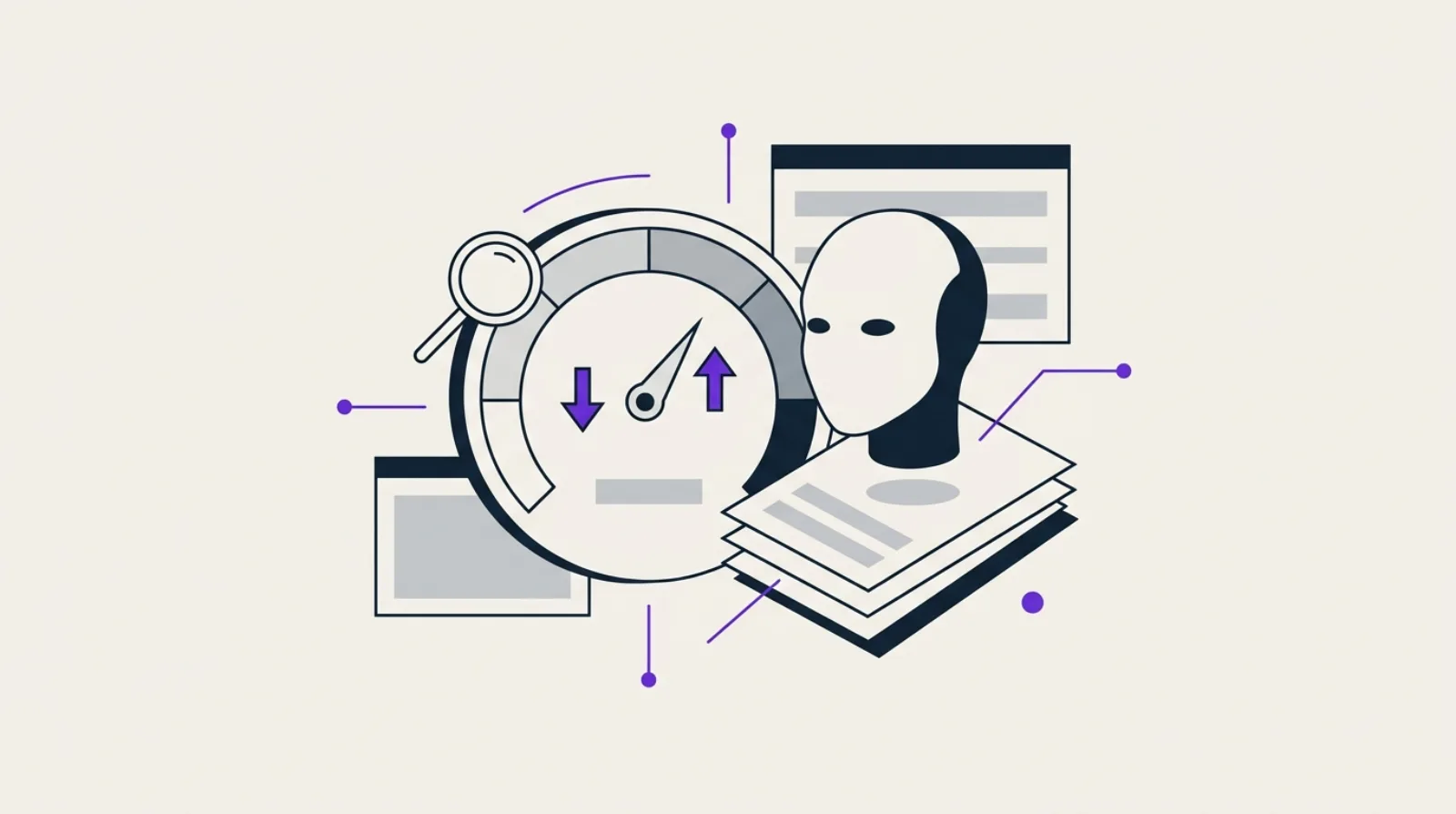 Abstract illustration: a wavering scoring gauge, a magnifying glass over empty page blocks and a smooth AI robot silhouette, on a beige background.