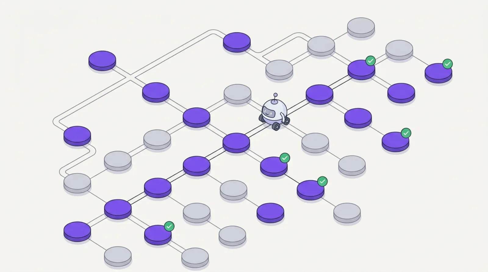 Minimalist technical illustration of a robot-crawler following a path of interconnected page nodes, some highlighted in purple (indexed), others greyed out (not explored) — crawl budget SEO illustration