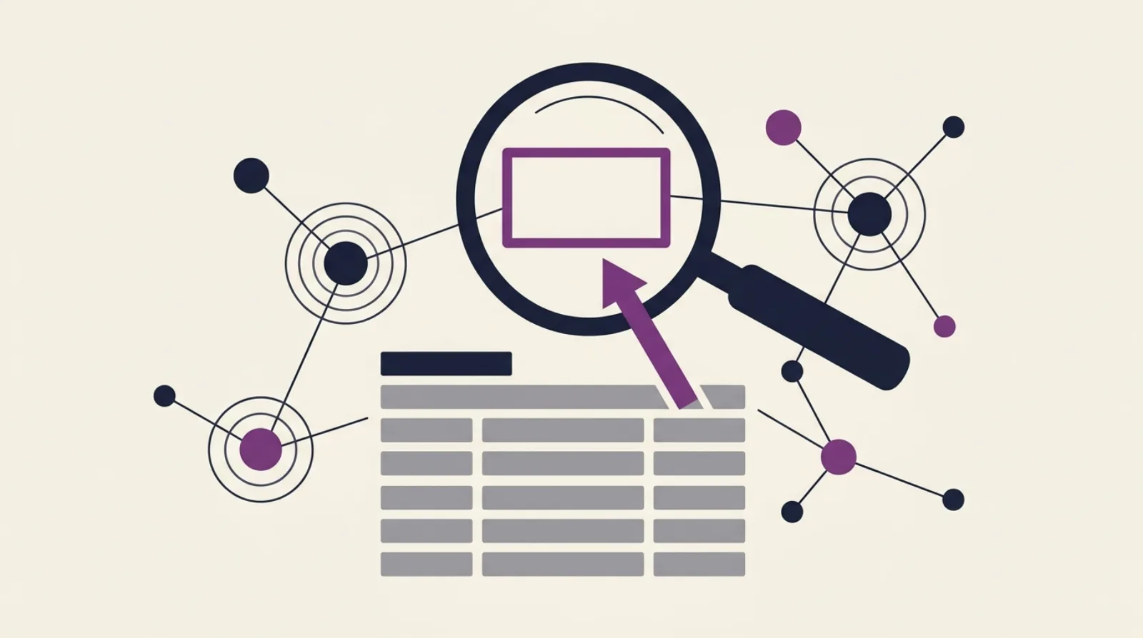 Illustration flat-design sur fond beige clair avec une loupe sur un encadré rectangulaire vide au-dessus d'une liste de lignes grises, une flèche pointant vers le haut et des formes géométriques en encre sombre et accent violet — représentation abstraite de la position zéro dans les SERPs