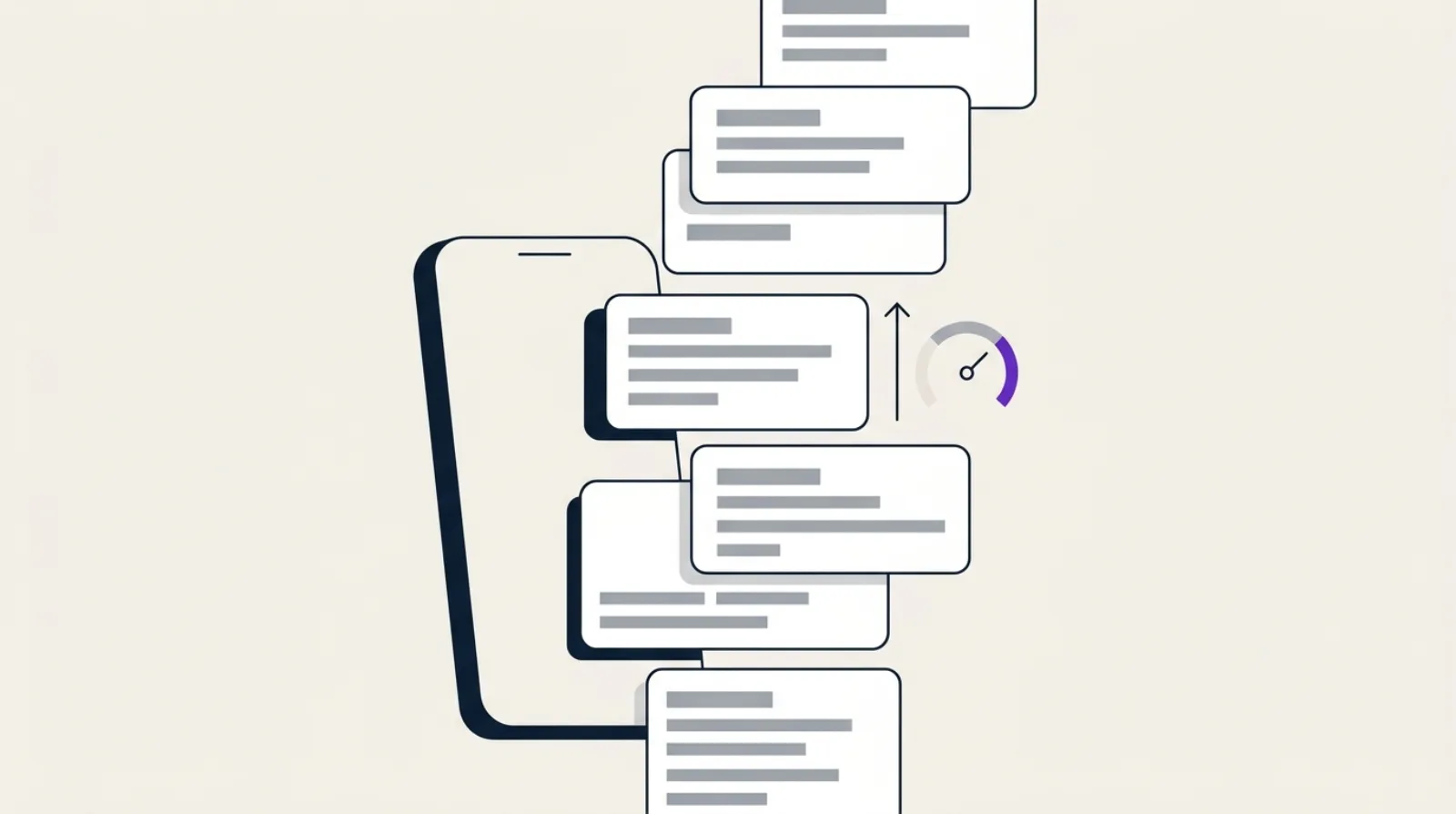 Abstract illustration: a smartphone releasing a stream of overlapping content cards alongside a scoring gauge, symbolizing the Google Discover feed.