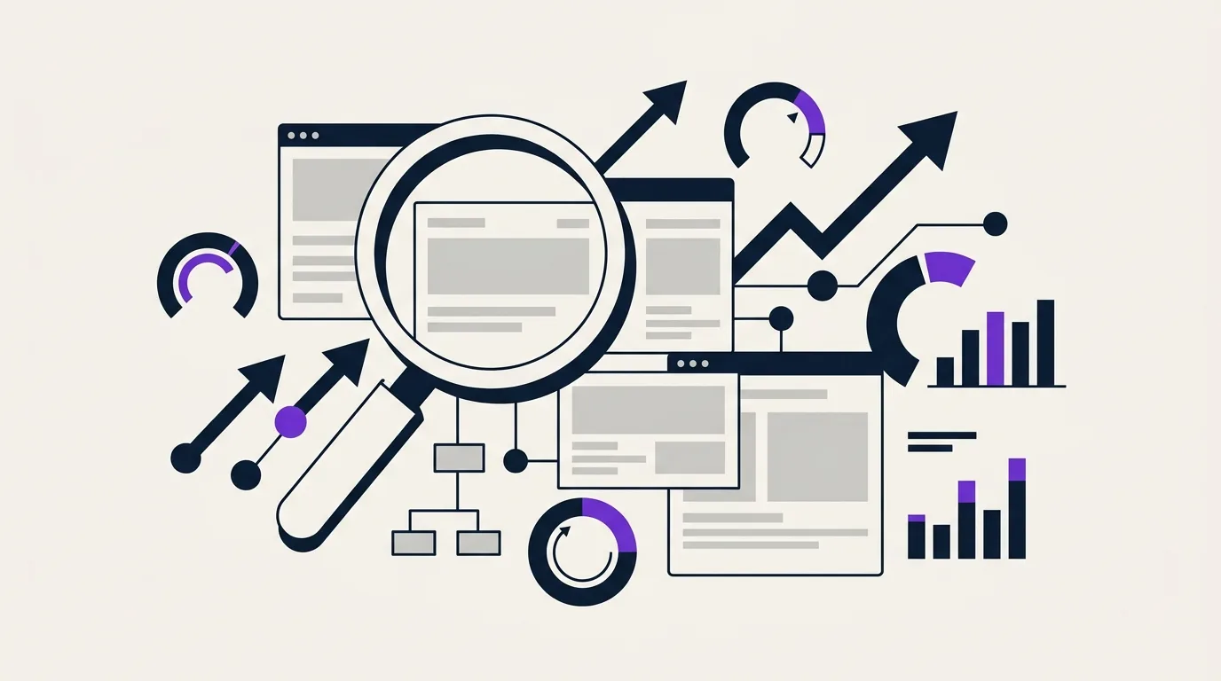 Flat-design tech illustration with magnifying glass over empty webpage layout blocks, sitemap node graph and performance gauges in ink and purple on light beige background