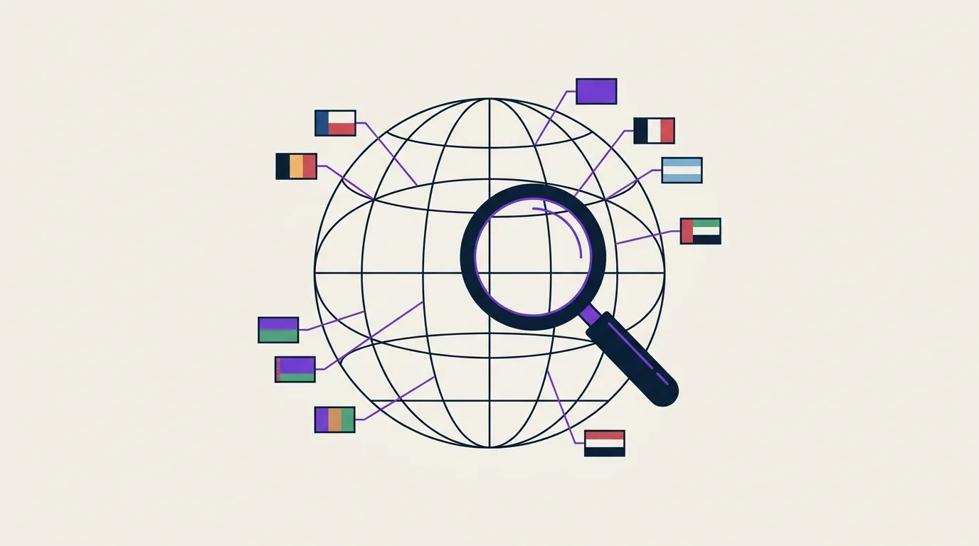 Geometric wireframe globe with colored shapes representing countries and a magnifying glass symbolizing multilingual international SEO