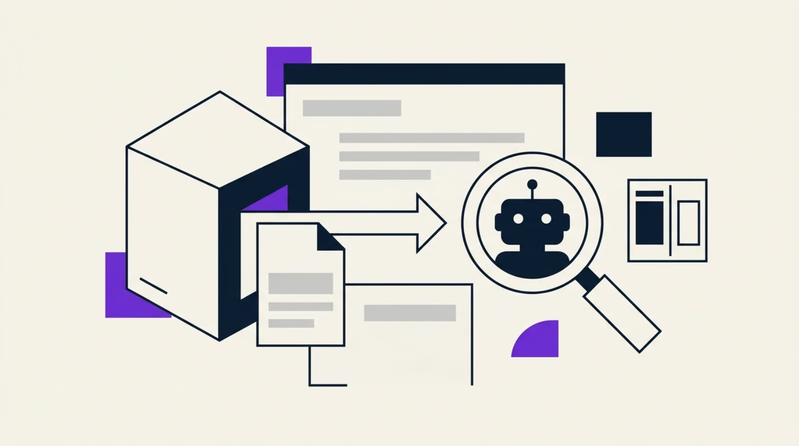 Minimal tech illustration showing a server sending pre-rendered HTML to an indexing robot, comparing server-side vs client-side rendering, clean vector design on beige background