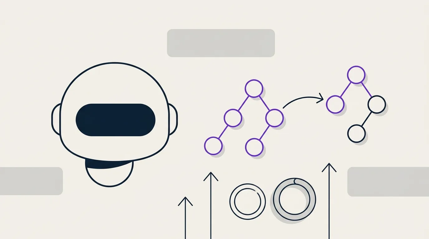 Abstract illustration of an AI robot head linked to sitemap nodes by arrows, symbolizing SEO and GEO continuity during a website migration
