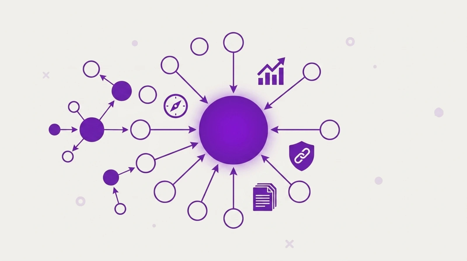 Minimalist tech illustration of backlinks: several referring domains pointing via inbound arrows toward a central authority node, with strong and weak links — SEO and link-building audit context 2026