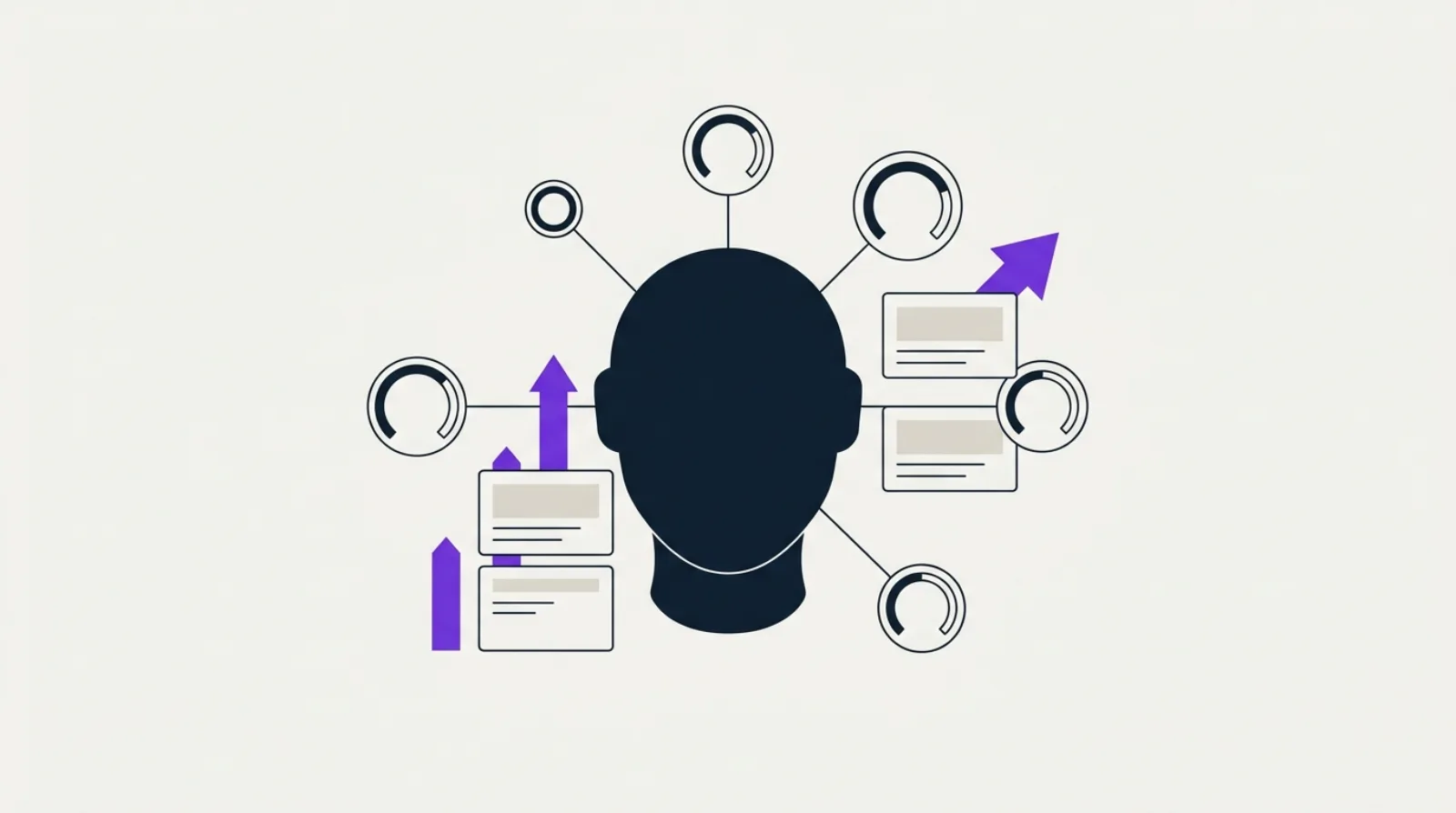 Smooth robot silhouette surrounded by scoring gauges and connected nodes in flat design style, symbolizing AI visibility tracking tools, on a light beige background.