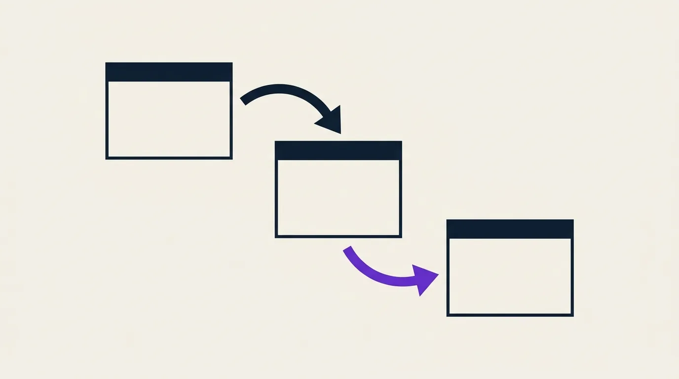 Minimal vector illustration of redirect arrows between rectangular blocks on light beige background — abstract representation of HTTP 301 and 302 redirects
