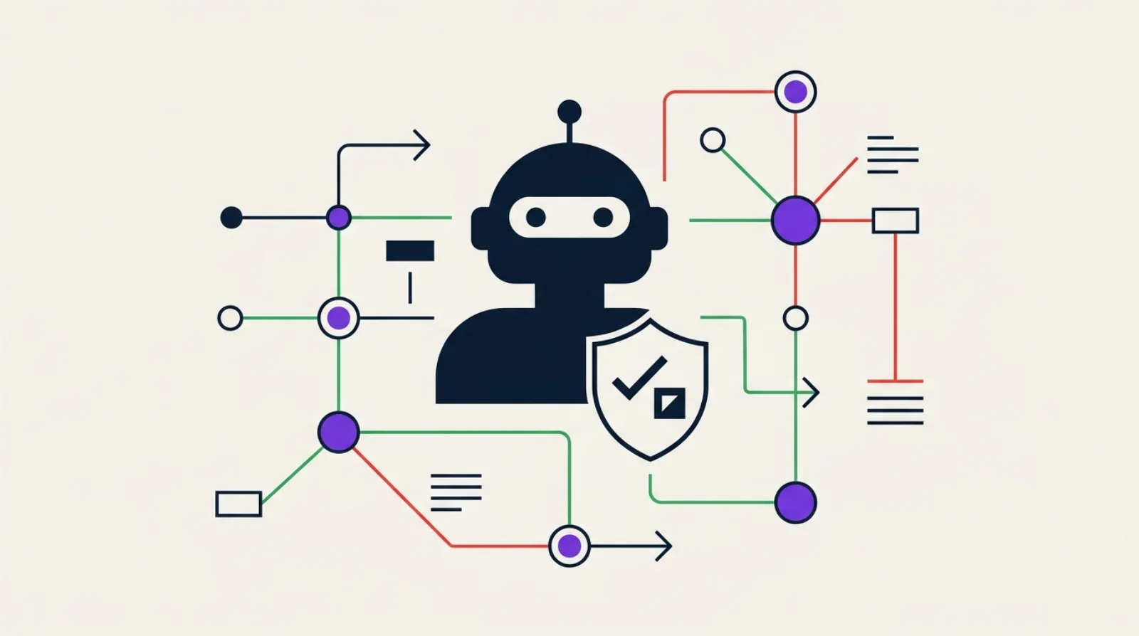 Minimalist illustration of an AI robot with access shield and connected node network illustrating robots.txt crawler control