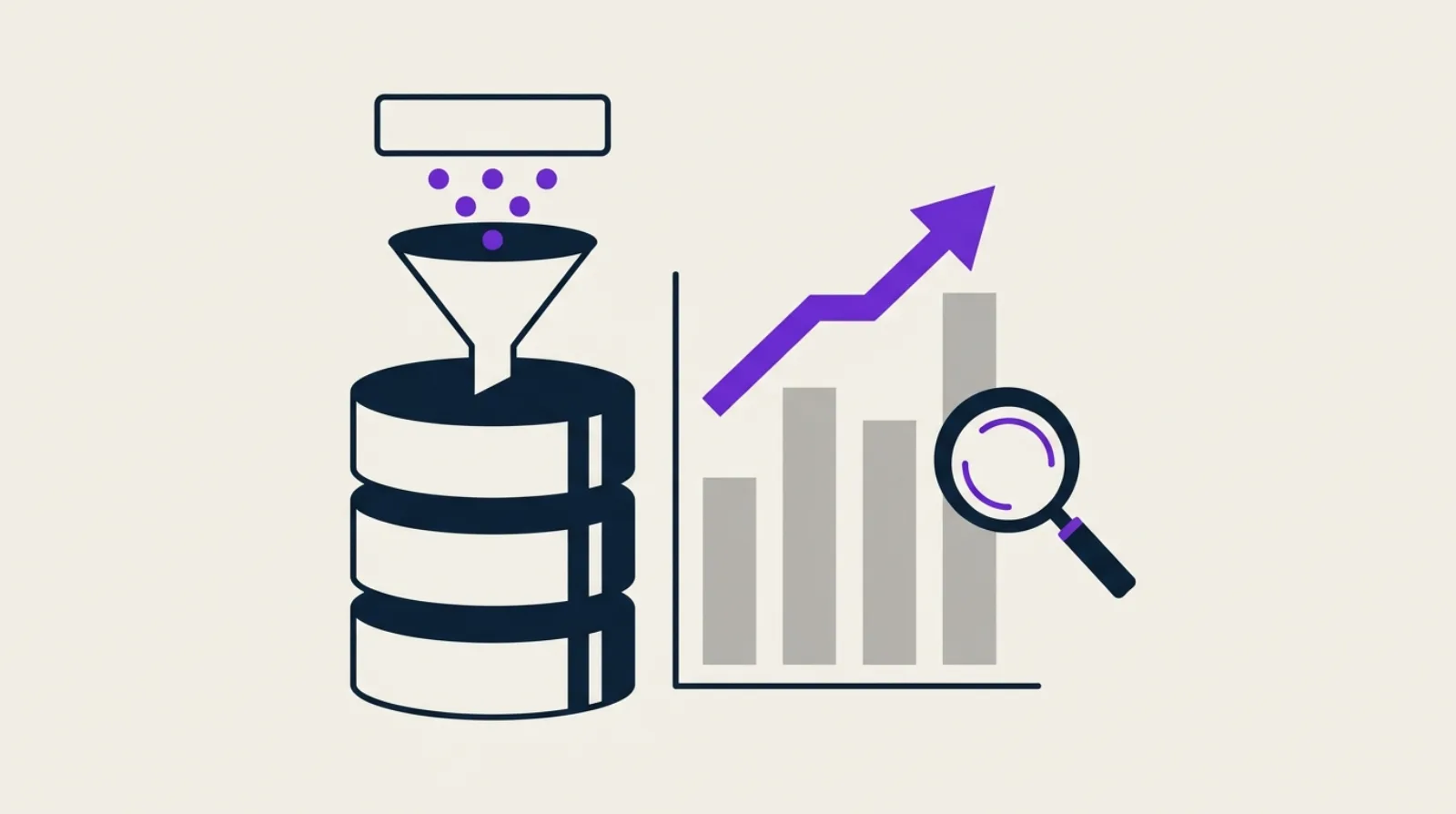 Illustration flat design d'une pile de bases de données alimentée par un entonnoir violet, à côté d'un graphique en barres, export Search Console.