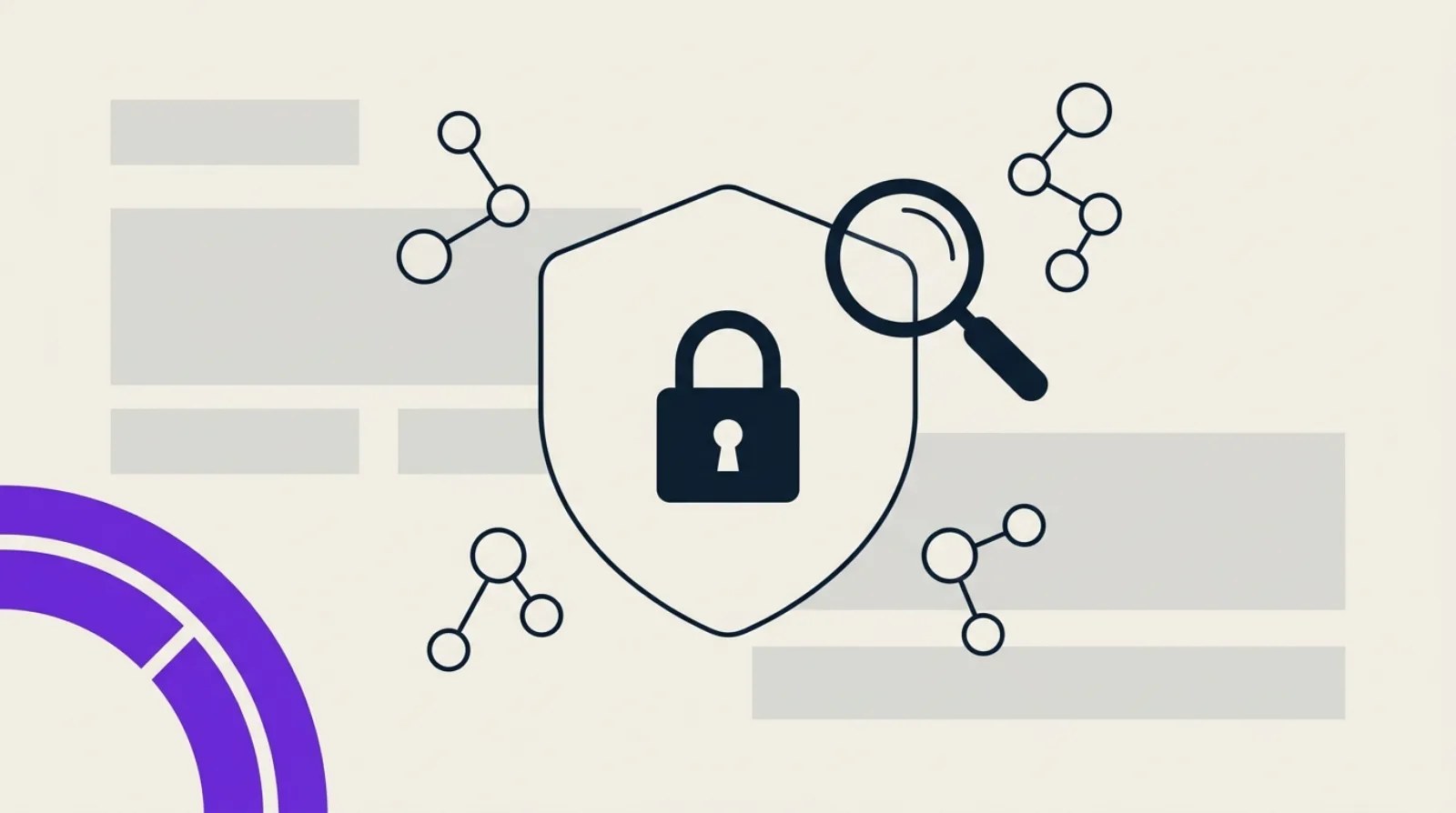 Abstract flat-design illustration: a shield and closed padlock at the center of connected sitemap nodes, a magnifying glass and scoring ring, light beige background, purple accent.