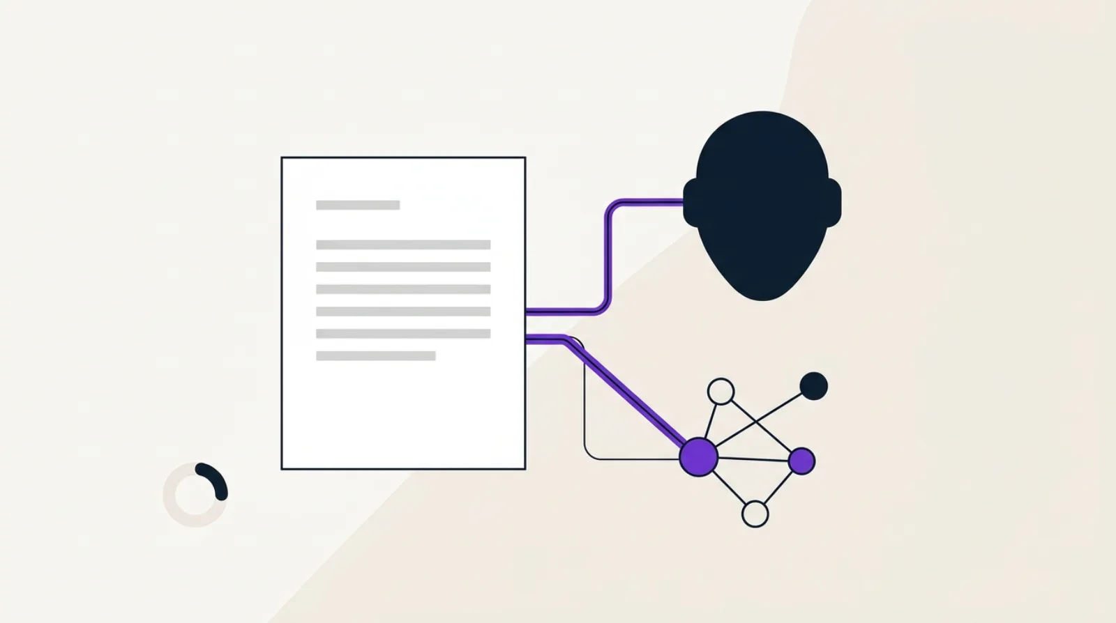 Flat design illustration of an open document outline connected by thin black lines to a geometric robot silhouette and connected nodes, purple accent, soft beige background.