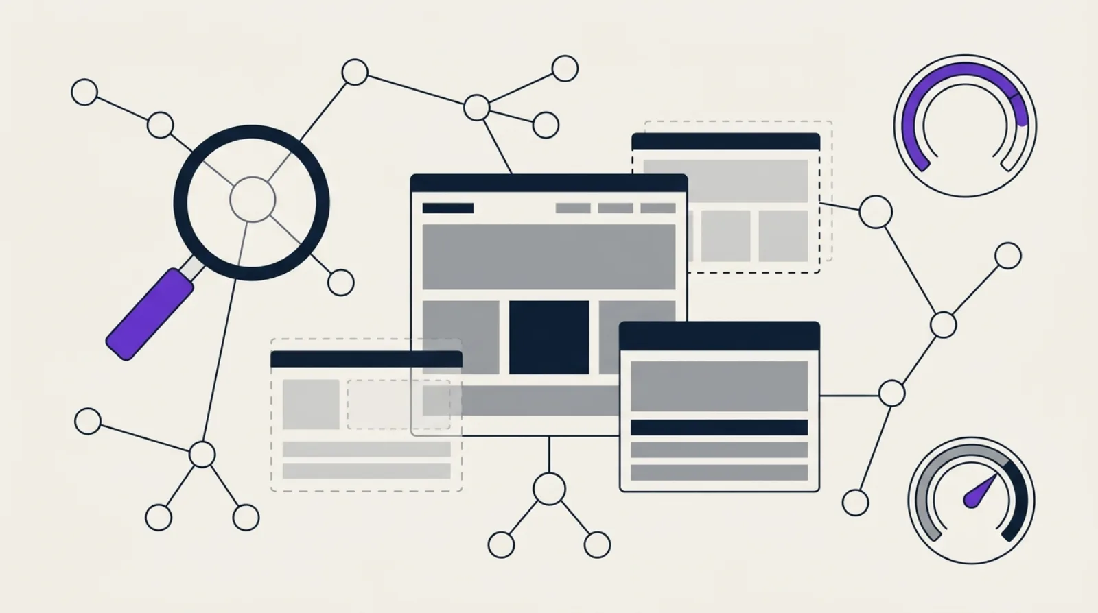 Abstract flat-design illustration: connected sitemap nodes around empty layout blocks, a magnifying glass and scoring ring, light beige background, purple accent.