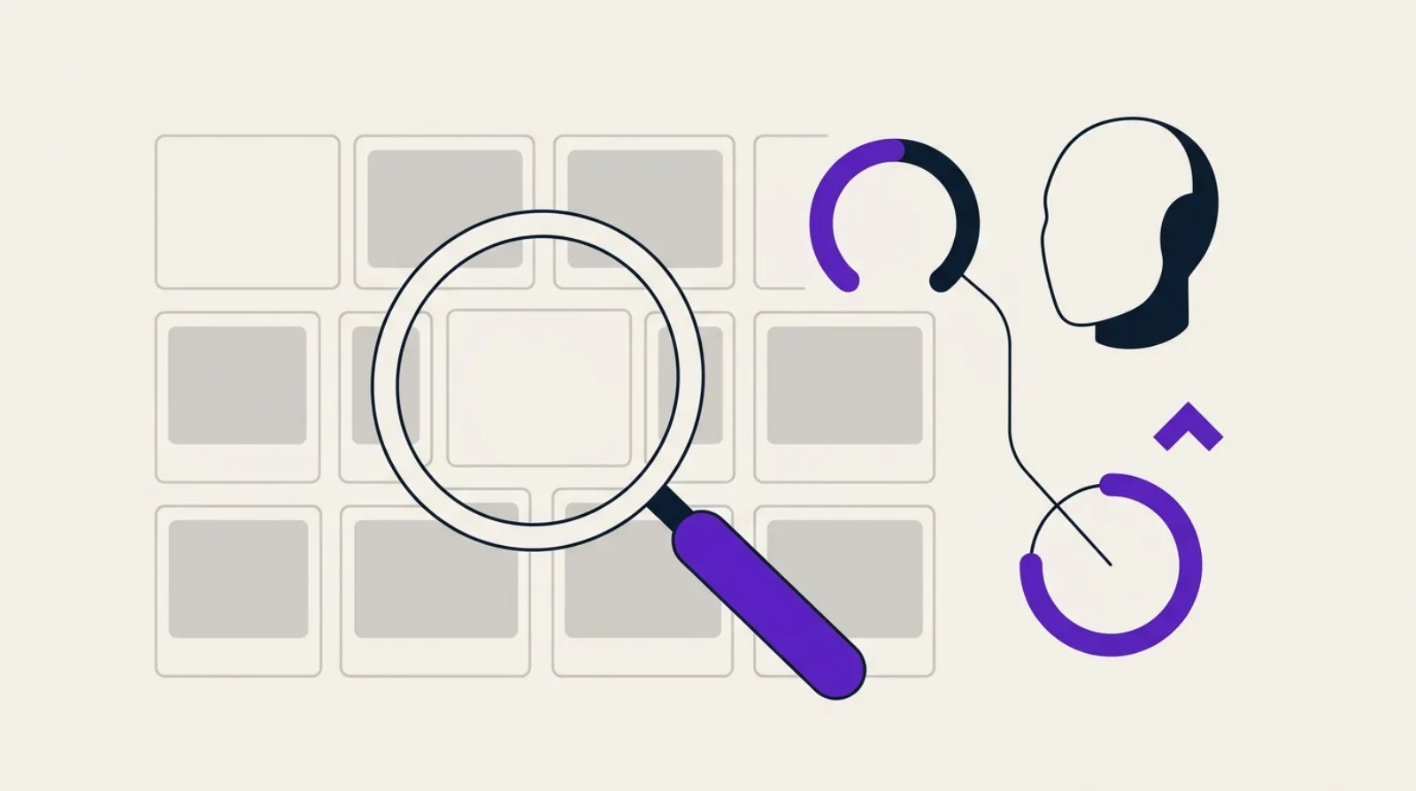 Illustration abstraite : loupe sur une grille de cadres photo vides, anneau de score et silhouette de robot IA, fond beige clair, style flat design.