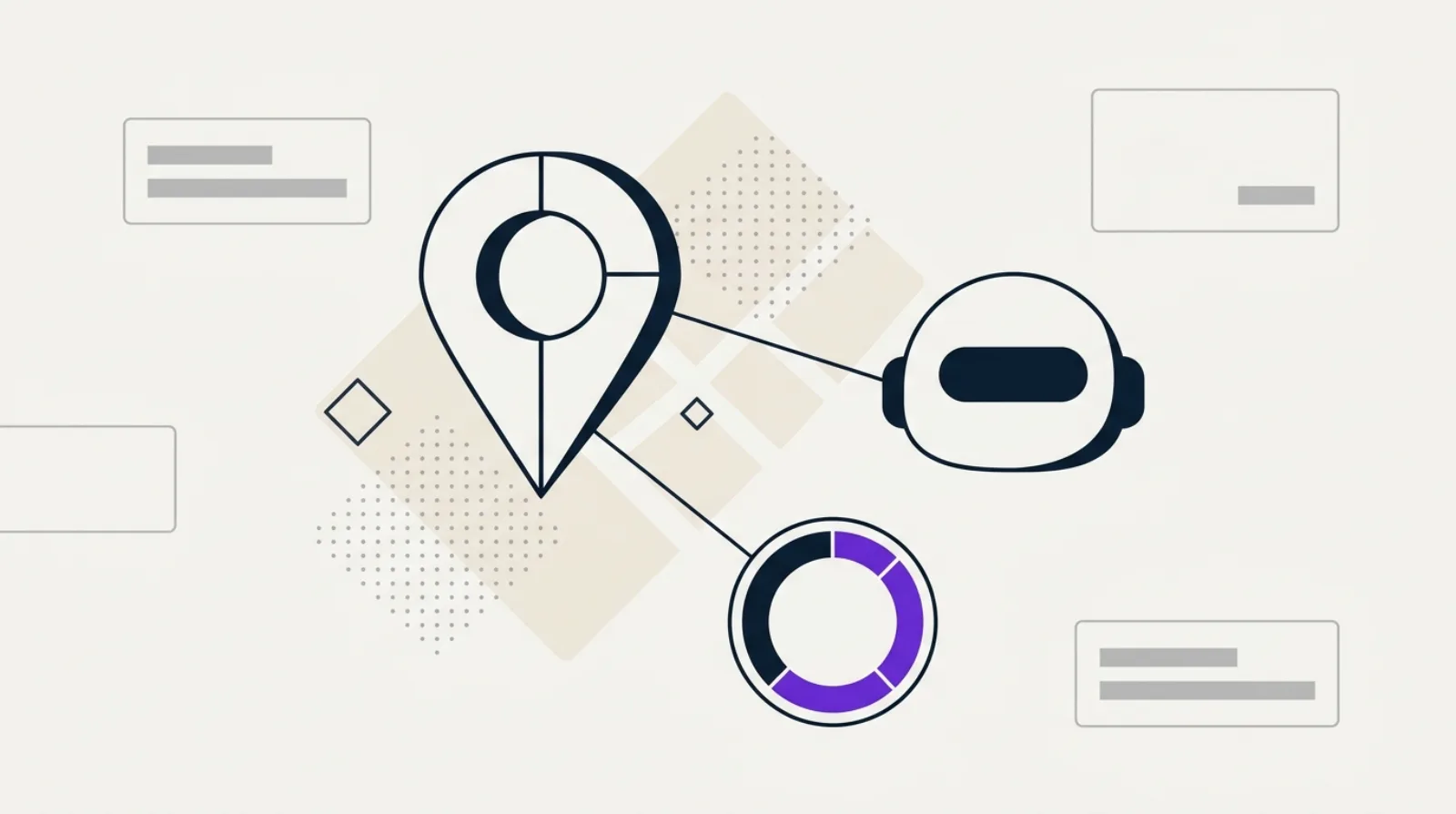 Flat design illustration of an abstract map with a location pin, a scoring gauge, and an AI silhouette, on a light beige background.