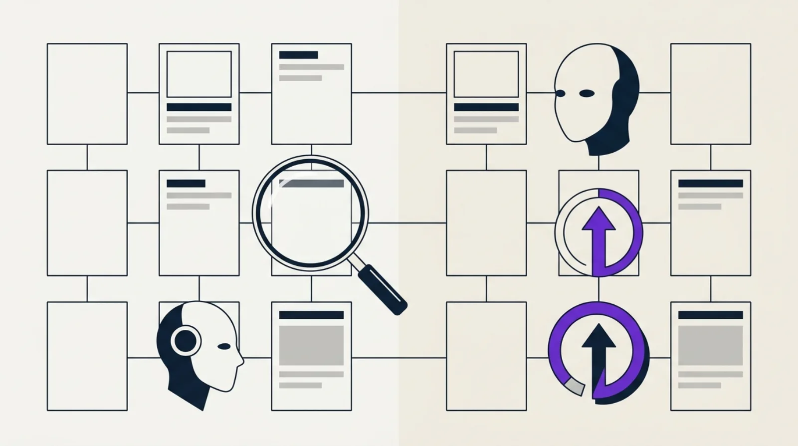 Abstract illustration: a grid of empty page blocks connected like a template, a magnifying glass and a scoring gauge, a smooth AI robot silhouette, light beige background, flat design style.
