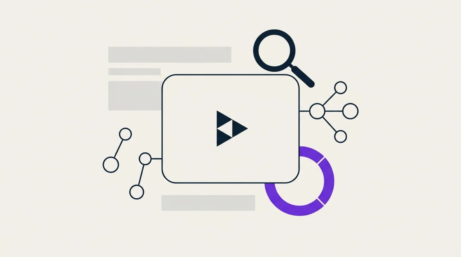 Abstract flat-design illustration: a magnifying glass above a minimal video frame, a scoring ring and connected sitemap nodes, light beige background, purple accent.