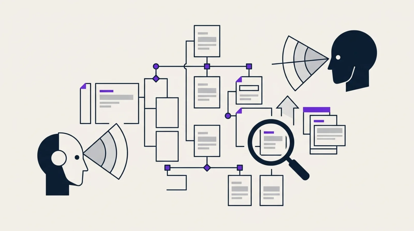 Minimalist illustration of a branching network of abstract pages scanned by two robot/AI silhouettes with a magnifying glass, symbolizing the XML sitemap and crawler discovery