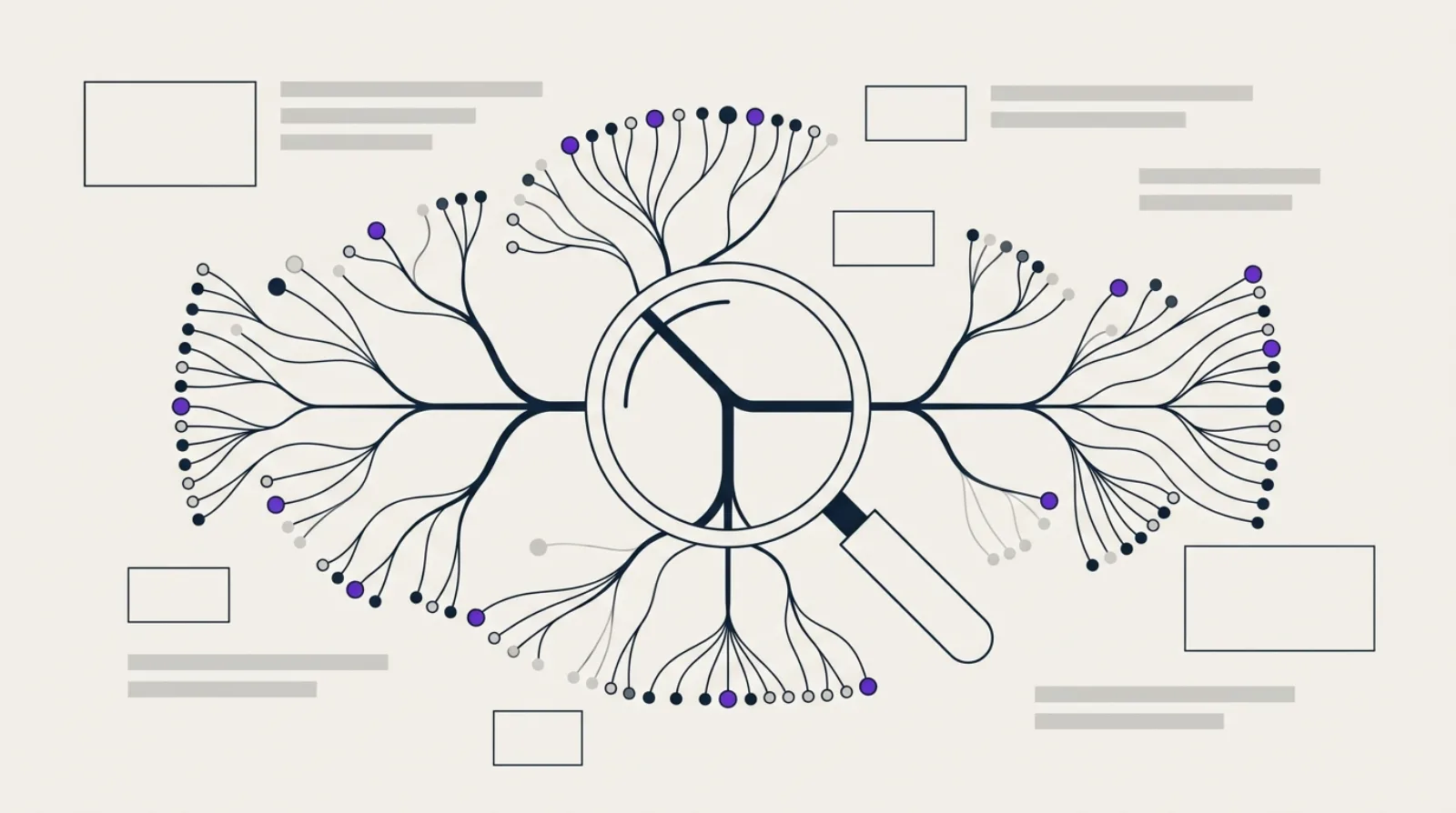 Illustration vectorielle abstraite d'une loupe au-dessus d'un réseau de lignes ramifiées façon arborescence, symbolisant une stratégie de mots-clés longue traîne SEO et GEO