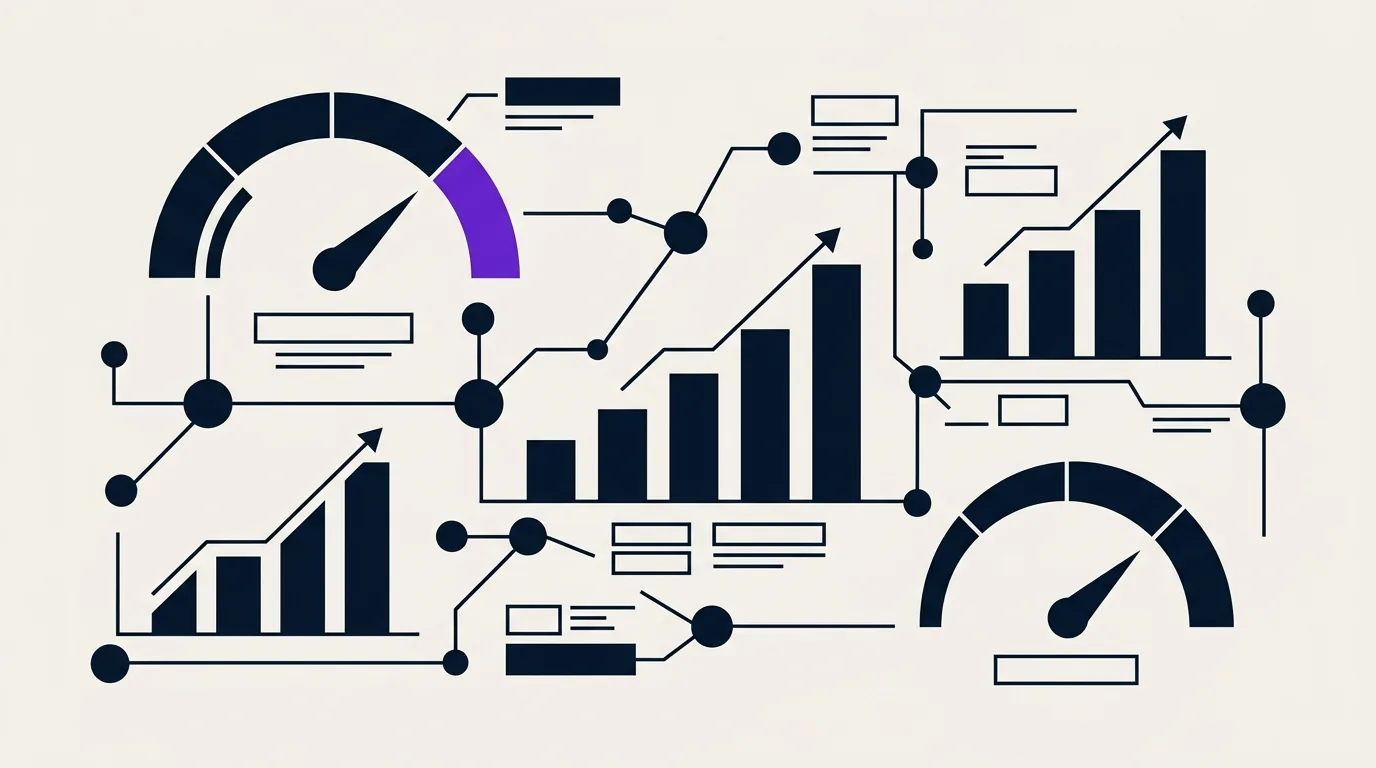 Illustration flat-design sur fond beige clair avec jauges de performance, diagrammes en barres et flèches ascendantes en encre sombre et accent violet — représentation abstraite de l'optimisation des balises SEO